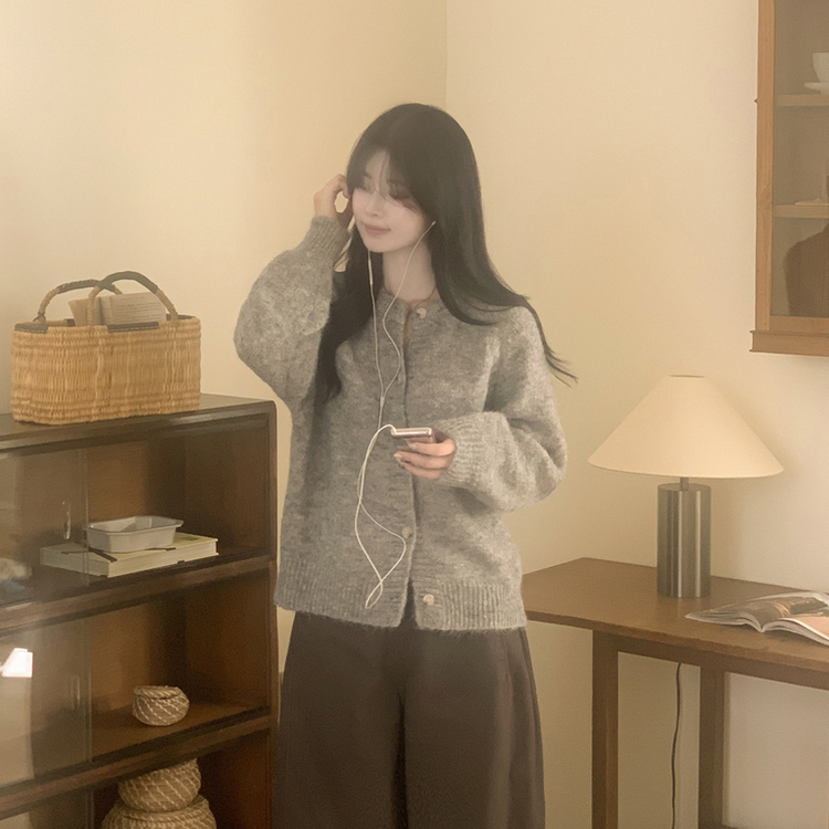 모헤어 오트밀 보카시 아방핏 라운드 데일리 겨울 가디건 그레이