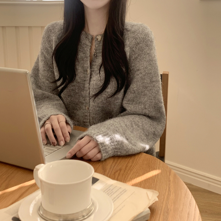 모헤어 오트밀 보카시 아방핏 라운드 데일리 겨울 가디건 그레이