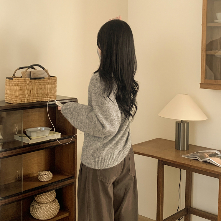 모헤어 오트밀 보카시 아방핏 라운드 데일리 겨울 가디건 그레이