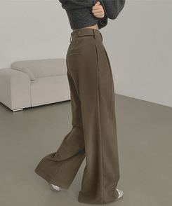 2XL모직 핀턱 안단추 비조 허리 조절 가능한 와이드 슬랙스 팬츠 브라운