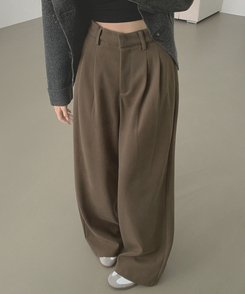2XL모직 핀턱 안단추 비조 허리 조절 가능한 와이드 슬랙스 팬츠 브라운