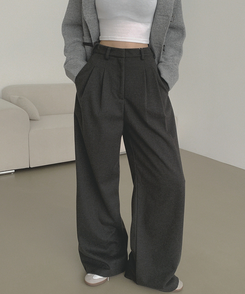 2XL모직 핀턱 안단추 비조 허리 조절 가능한 와이드 슬랙스 팬츠 차콜
