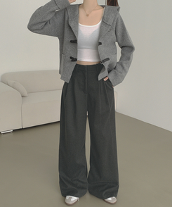 2XL모직 핀턱 안단추 비조 허리 조절 가능한 와이드 슬랙스 팬츠 차콜