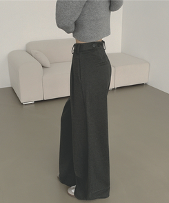 2XL모직 핀턱 안단추 비조 허리 조절 가능한 와이드 슬랙스 팬츠 차콜