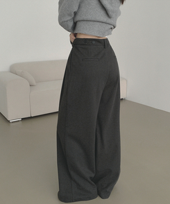 2XL모직 핀턱 안단추 비조 허리 조절 가능한 와이드 슬랙스 팬츠 차콜
