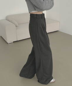 2XL모직 핀턱 안단추 비조 허리 조절 가능한 와이드 슬랙스 팬츠 차콜