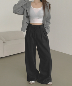 2XL모직 핀턱 안단추 비조 허리 조절 가능한 와이드 슬랙스 팬츠 블랙