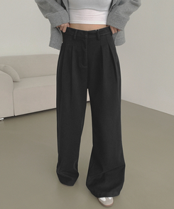 2XL모직 핀턱 안단추 비조 허리 조절 가능한 와이드 슬랙스 팬츠 블랙