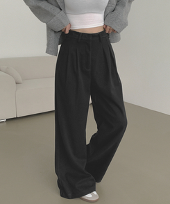 2XL모직 핀턱 안단추 비조 허리 조절 가능한 와이드 슬랙스 팬츠 블랙