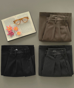 2XL모직 핀턱 안단추 비조 허리 조절 가능한 와이드 슬랙스 팬츠