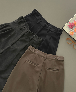 2XL모직 핀턱 안단추 비조 허리 조절 가능한 와이드 슬랙스 팬츠