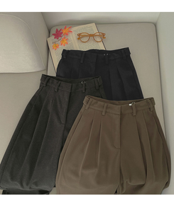 2XL모직 핀턱 안단추 비조 허리 조절 가능한 와이드 슬랙스 팬츠