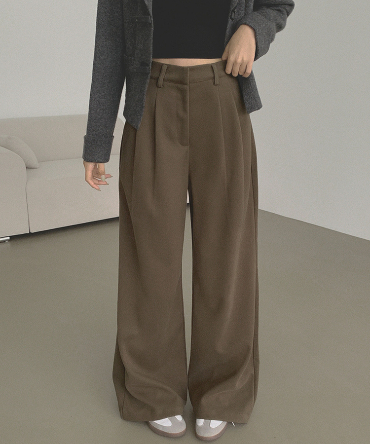 2XL모직 핀턱 안단추 비조 허리 조절 가능한 와이드 슬랙스 팬츠 브라운
