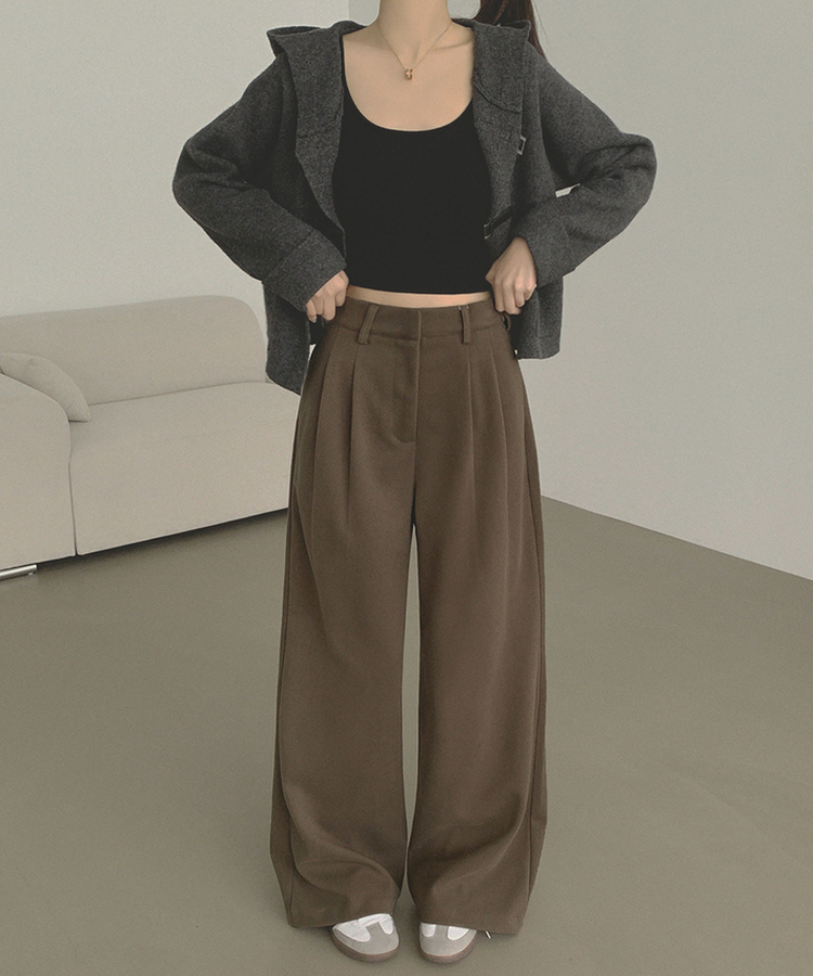 2XL모직 핀턱 안단추 비조 허리 조절 가능한 와이드 슬랙스 팬츠 브라운