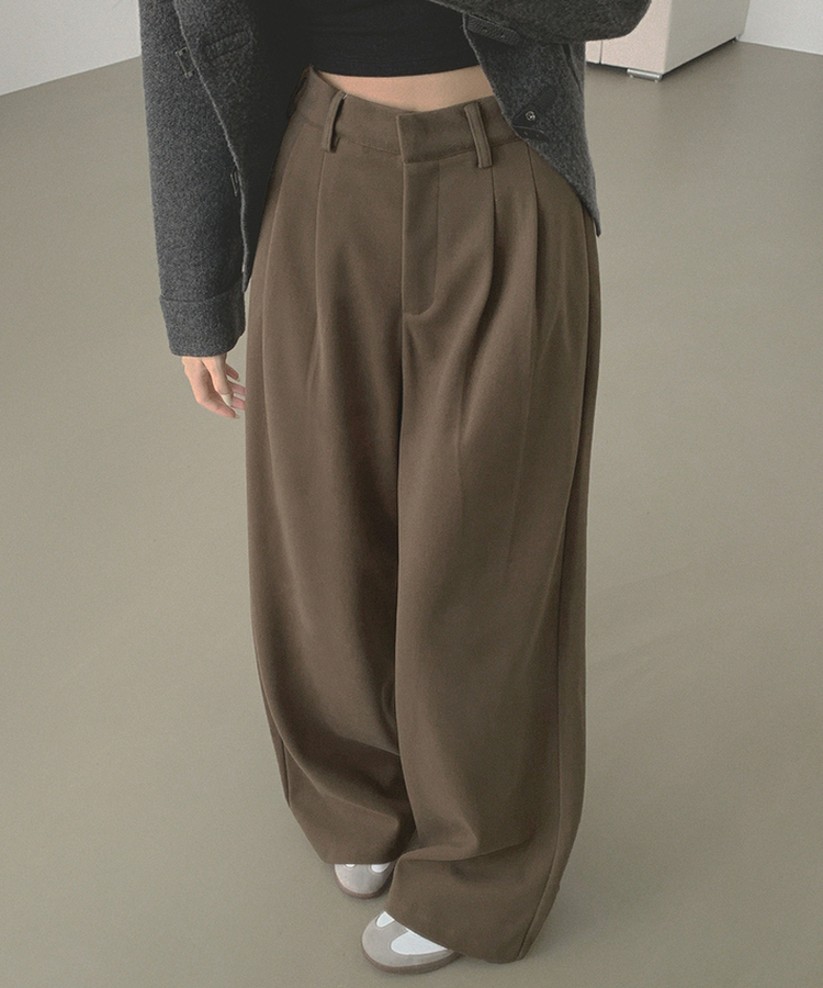 2XL모직 핀턱 안단추 비조 허리 조절 가능한 와이드 슬랙스 팬츠 브라운