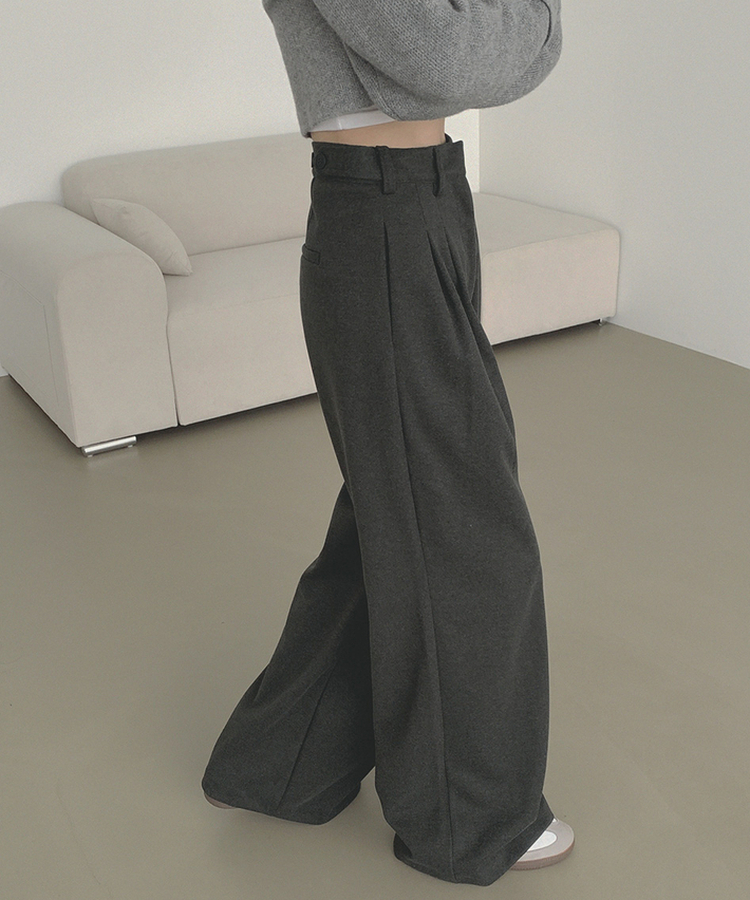 2XL모직 핀턱 안단추 비조 허리 조절 가능한 와이드 슬랙스 팬츠 차콜