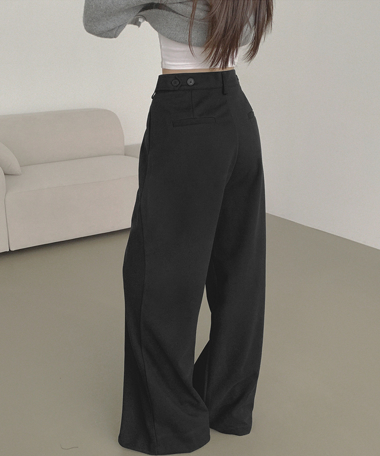 2XL모직 핀턱 안단추 비조 허리 조절 가능한 와이드 슬랙스 팬츠 블랙