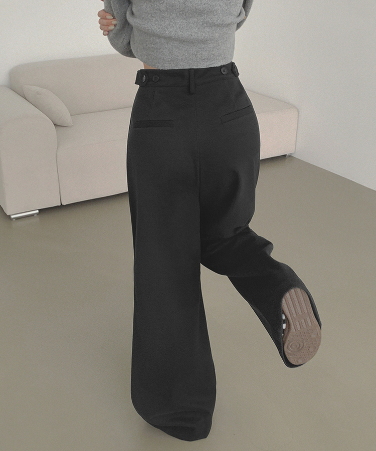 2XL모직 핀턱 안단추 비조 허리 조절 가능한 와이드 슬랙스 팬츠 블랙