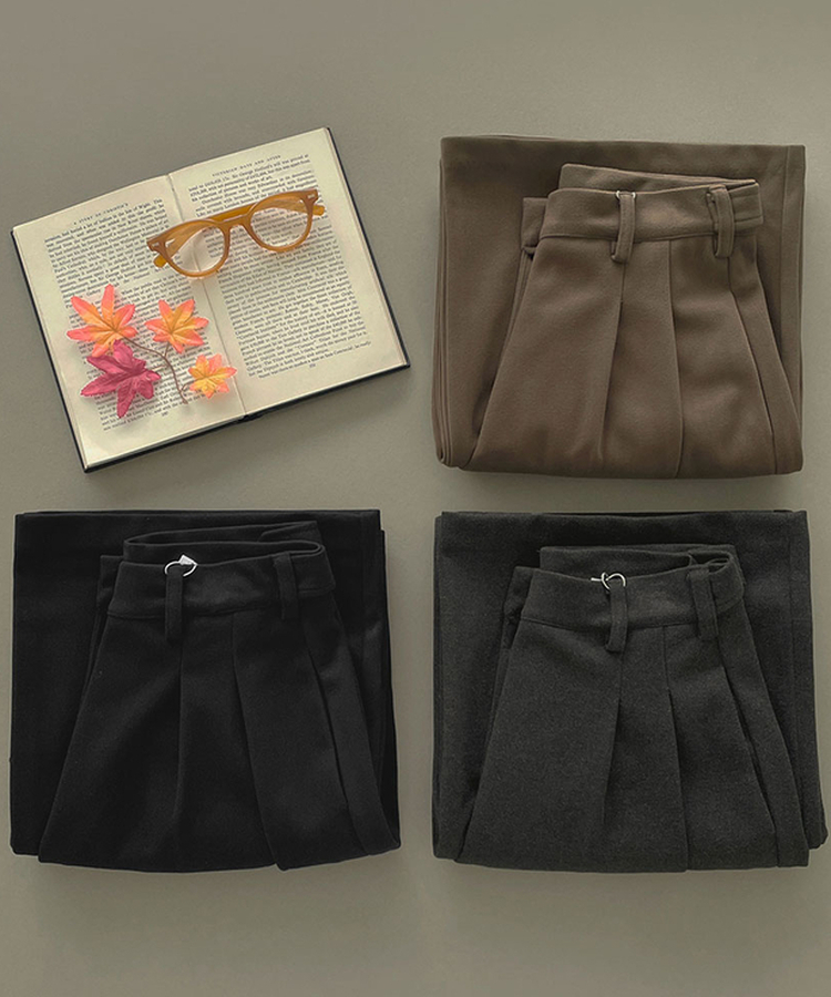 2XL모직 핀턱 안단추 비조 허리 조절 가능한 와이드 슬랙스 팬츠