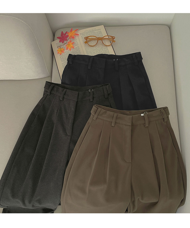 2XL모직 핀턱 안단추 비조 허리 조절 가능한 와이드 슬랙스 팬츠