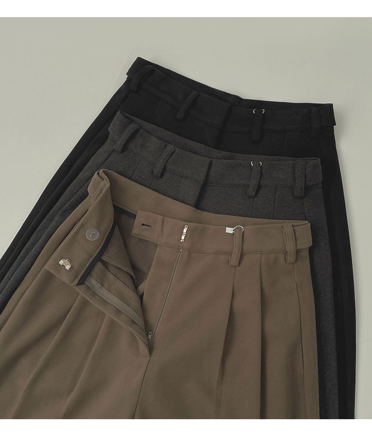 2XL모직 핀턱 안단추 비조 허리 조절 가능한 와이드 슬랙스 팬츠