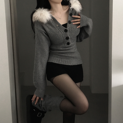 スリットボタンスリムファーフードニット GREY