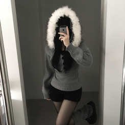 スリットボタンスリムファーフードニット GREY