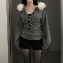 スリットボタンスリムファーフードニット GREY