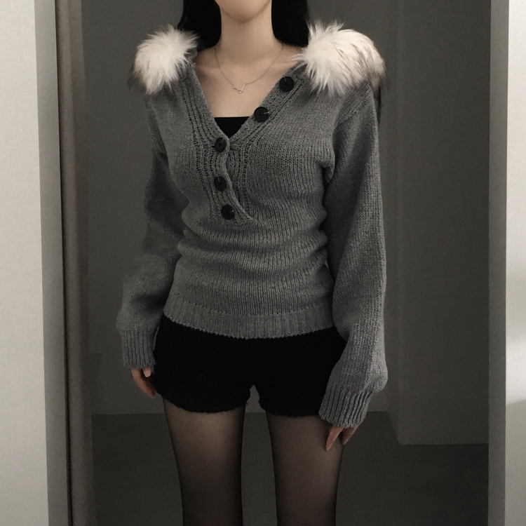 スリットボタンスリムファーフードニット GREY