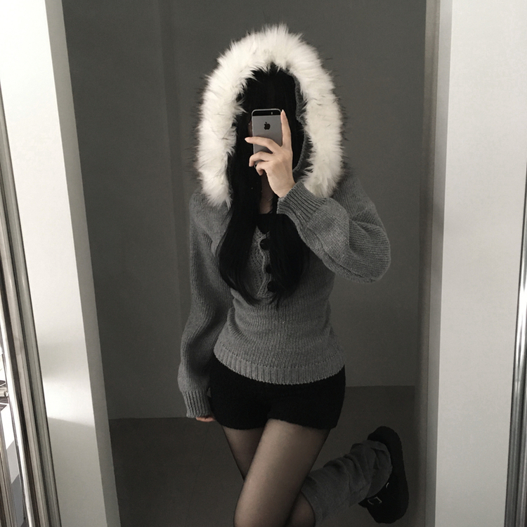 スリットボタンスリムファーフードニット GREY