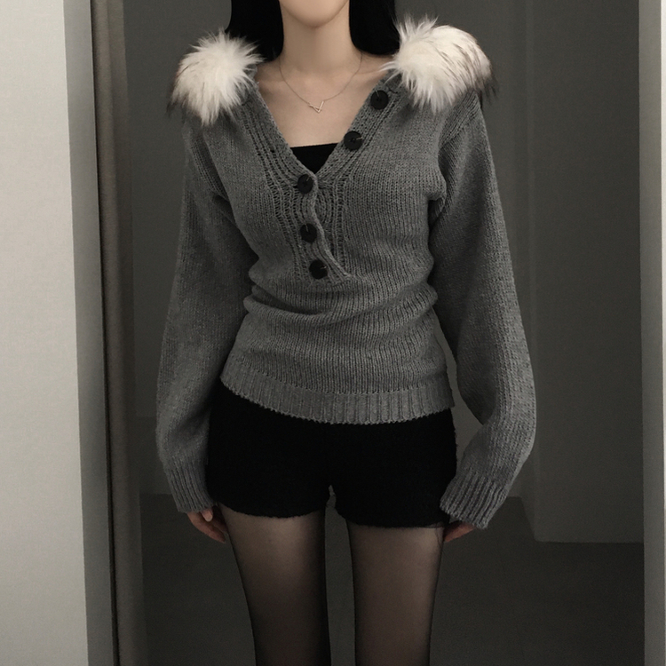 スリットボタンスリムファーフードニット GREY