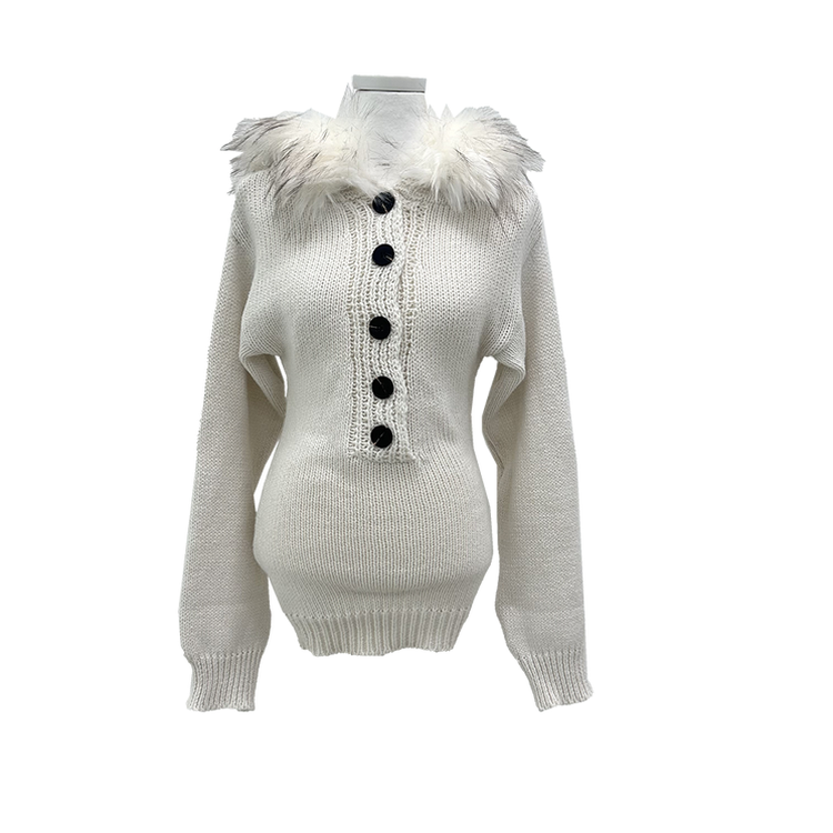 スリットボタンスリムファーフードニット