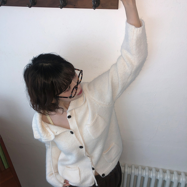 네브 꽈배기 카라 리본 포켓 니트 가디건 아이보리