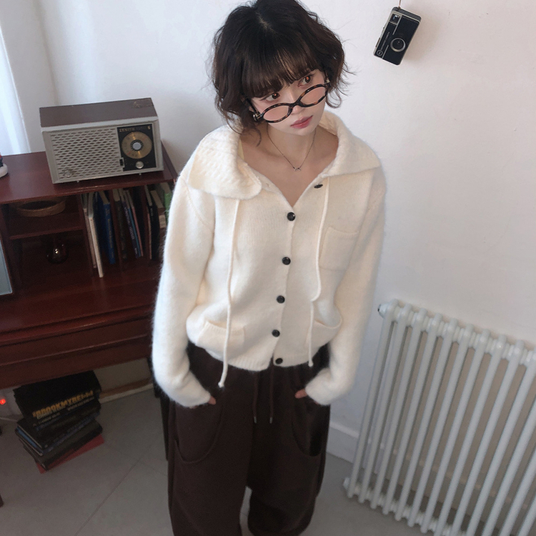 네브 꽈배기 카라 리본 포켓 니트 가디건 아이보리