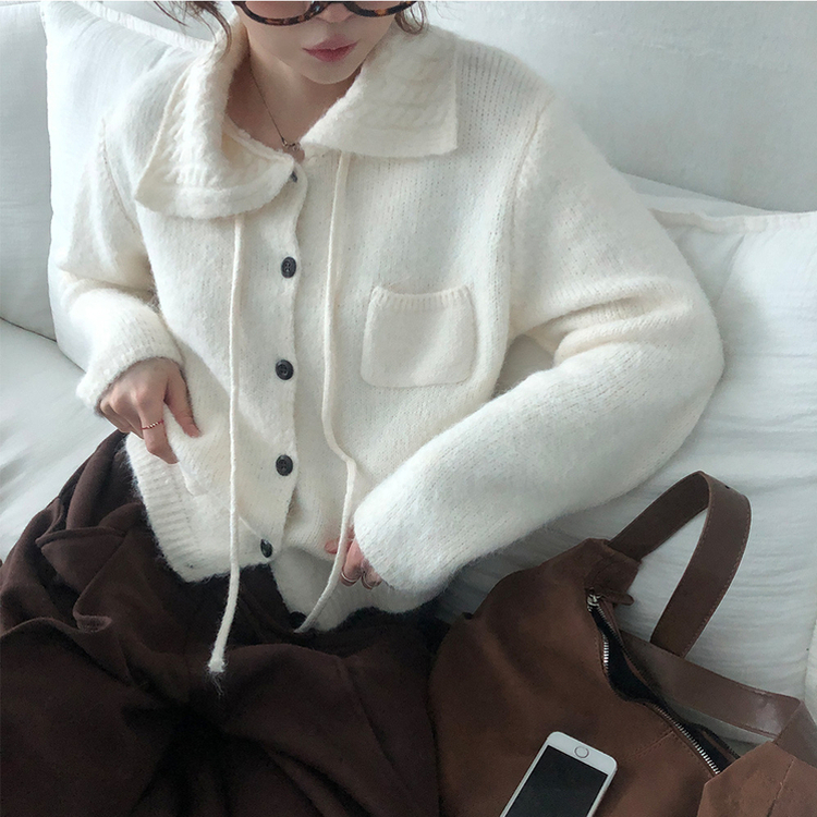 네브 꽈배기 카라 리본 포켓 니트 가디건 아이보리