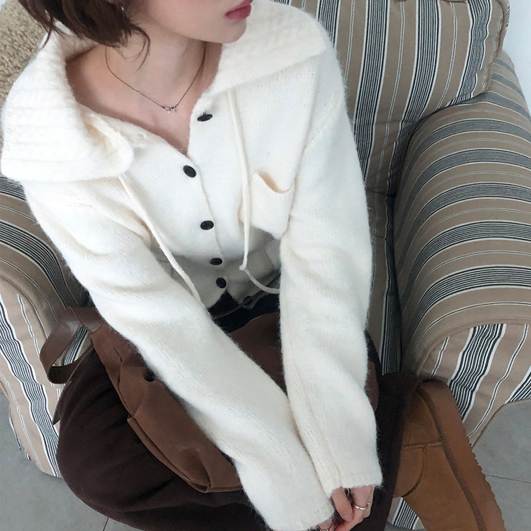 네브 꽈배기 카라 리본 포켓 니트 가디건 아이보리