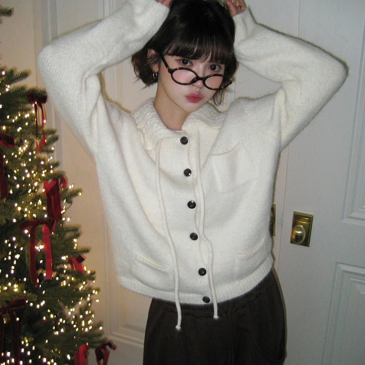 네브 꽈배기 카라 리본 포켓 니트 가디건 아이보리