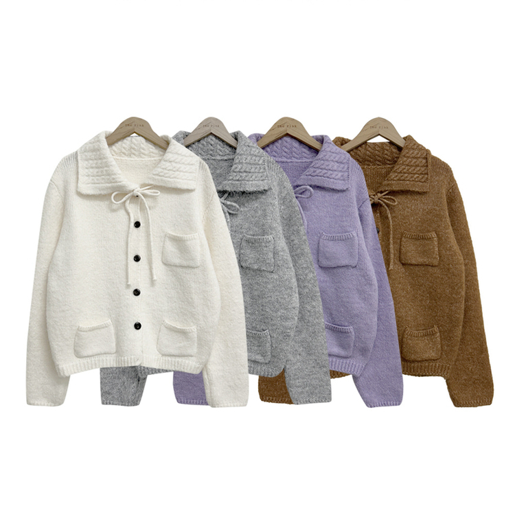 네브 꽈배기 카라 리본 포켓 니트 가디건