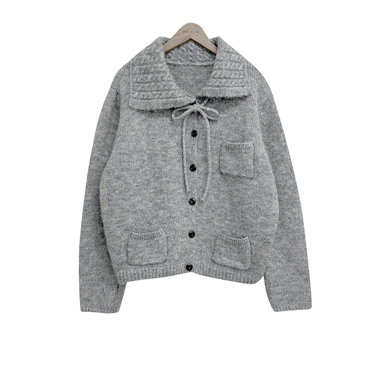 네브 꽈배기 카라 리본 포켓 니트 가디건