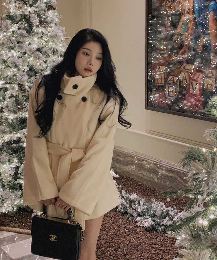 ハイネックダブルボタンハーフコート IVORY