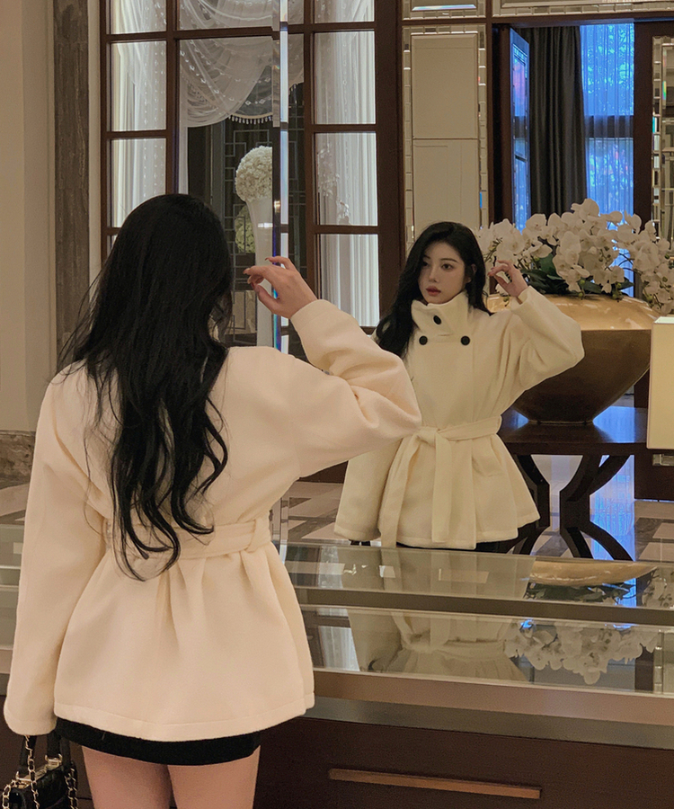 ハイネックダブルボタンハーフコート IVORY