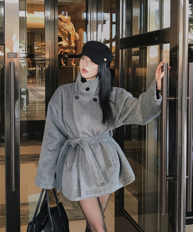 ハイネックダブルボタンハーフコート CHARCOAL