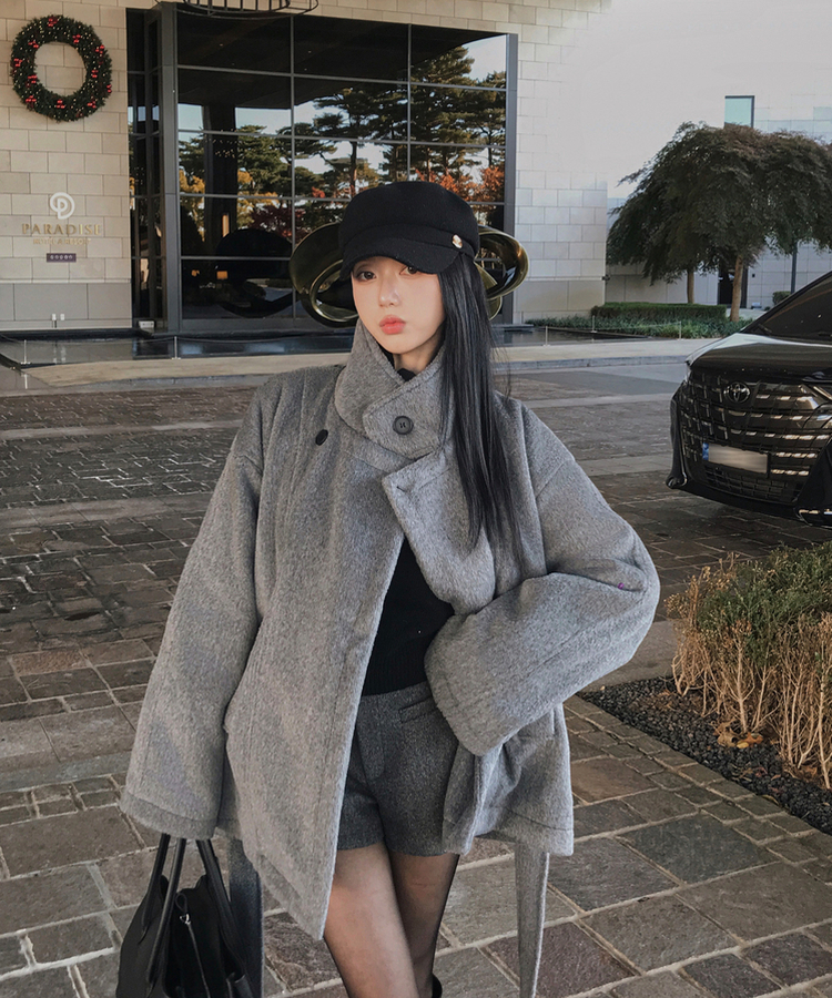 ハイネックダブルボタンハーフコート CHARCOAL