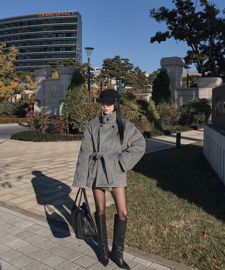 ハイネックダブルボタンハーフコート CHARCOAL