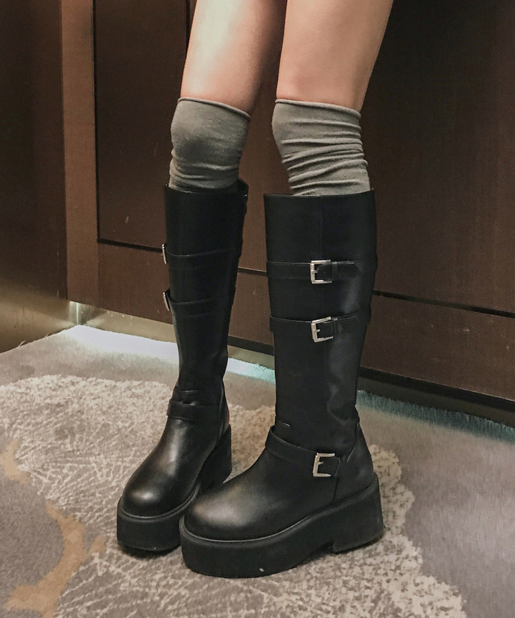 バックルフェイクレザーロングブーツ BLACK