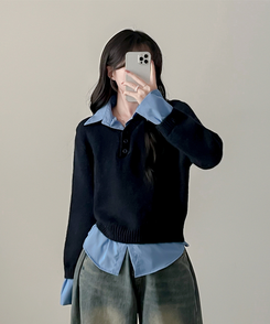 ワンレイヤードシャツニット NAVY