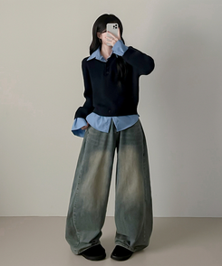 ワンレイヤードシャツニット NAVY