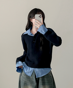 ワンレイヤードシャツニット NAVY