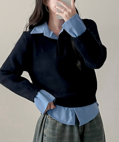 ワンレイヤードシャツニット NAVY