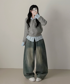 ワンレイヤードシャツニット GREY